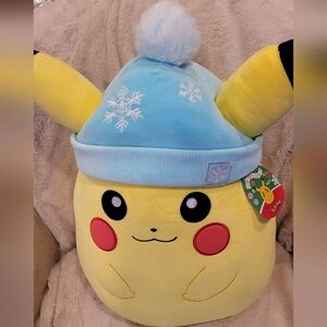 NWT Holiday Pikachu Squishmallows Plush Toy with Blue Snowflake Hat